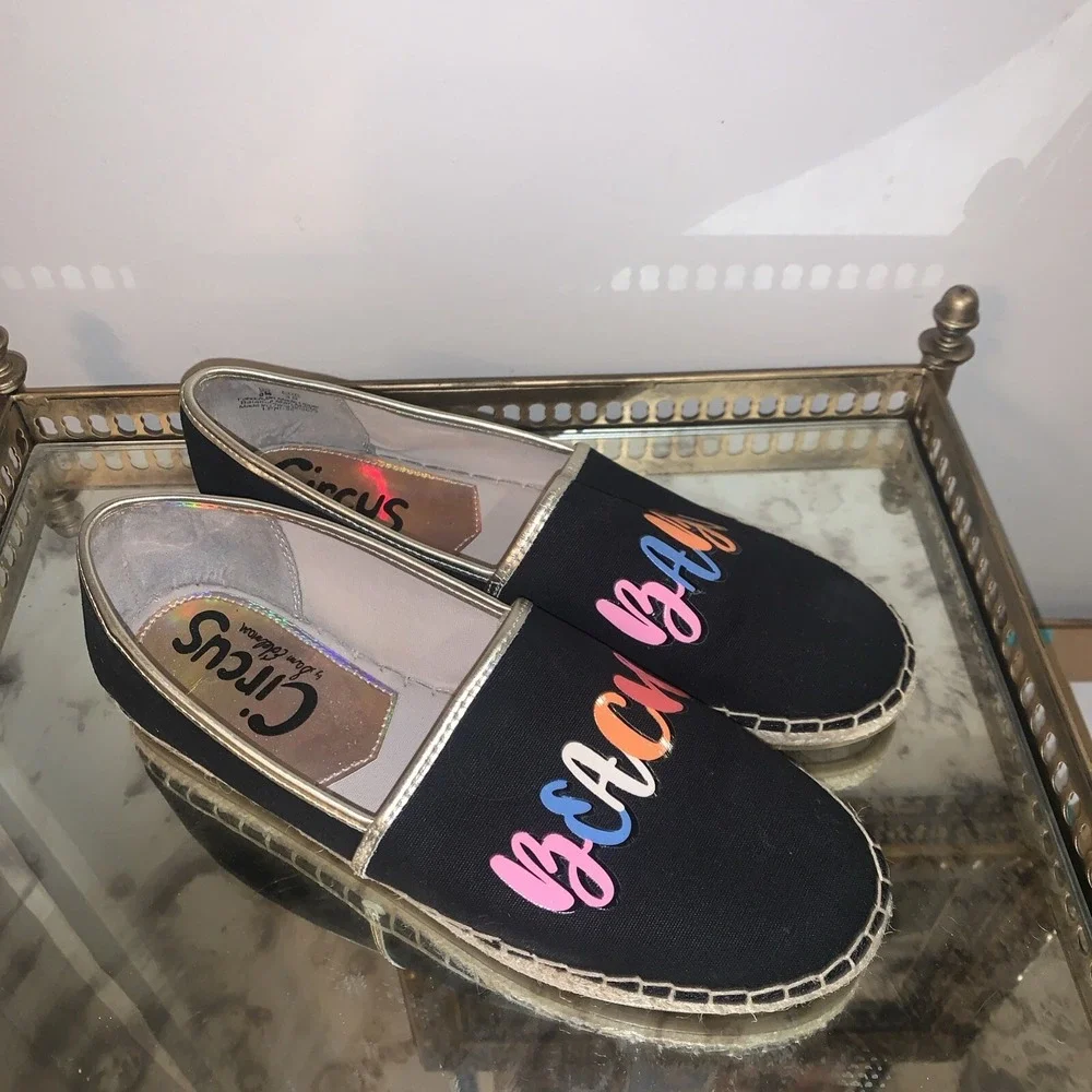 Circus by Sam Edelman Womens Espadrille Flats 9M Black Beach Babe Canvas Leather